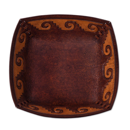 Inca Seacoast Handcrafted Tooled Leather Inca Wave Motif Catchall