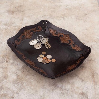 Spanish Viceroy Peru Handcrafted Tooled Leather Colonial Art Theme Catchall