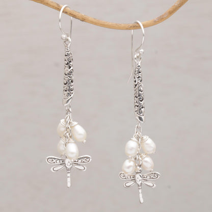 Island Dragonflies Handcrafted Balinese 925 Silver and Cultured Pearl Earrings