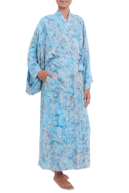 Ubud Grove Green and Blue Batik Print Long Sleeved Rayon Robe with Belt