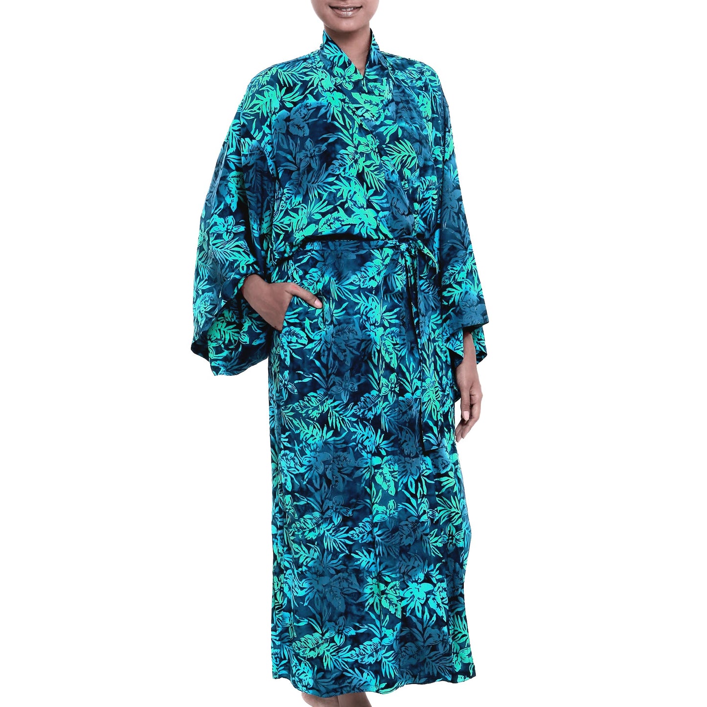 Bedugul Dusk Navy and Green Batik Print Long Sleeved Rayon Robe with Belt