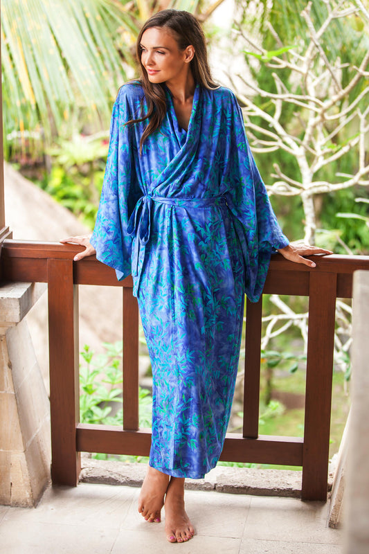 Mystery Grove Blue and Green Batik Leaf Long Sleeved Rayon Robe with Belt