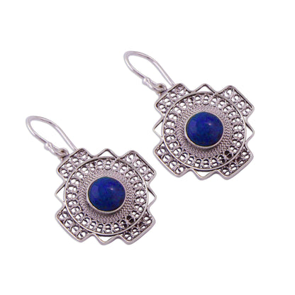 Blue Mountain Chakana Sodalite Chakana Cross Filigree Dangle Earrings from Peru