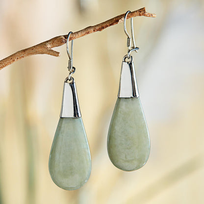 Subtle Dewdrops Pale Green Jade and Sterling Silver Teardrop Dangle Earrings