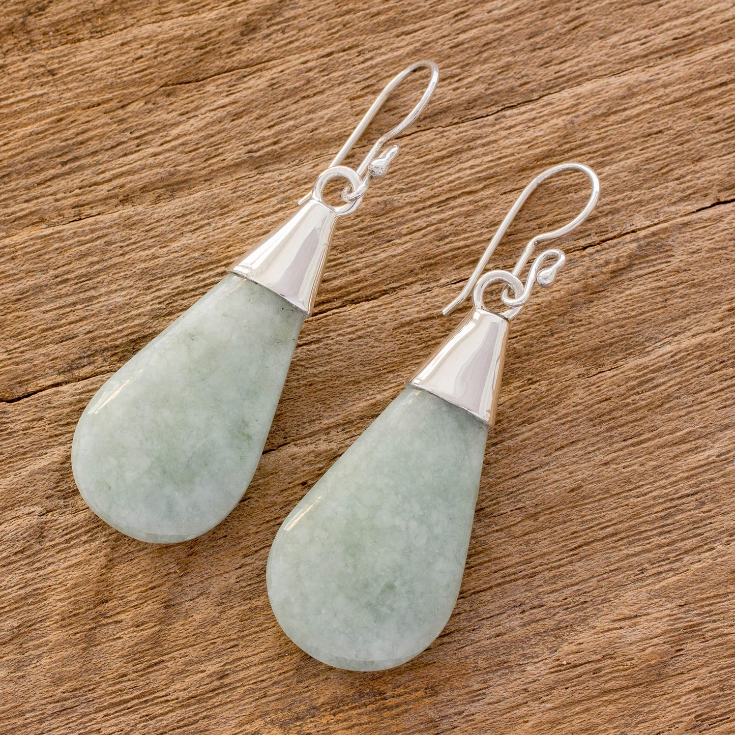 Subtle Dewdrops Pale Green Jade and Sterling Silver Teardrop Dangle Earrings