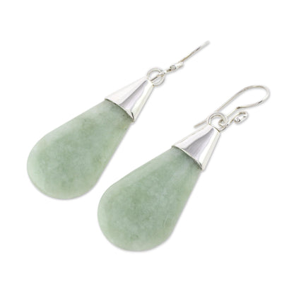 Subtle Dewdrops Pale Green Jade and Sterling Silver Teardrop Dangle Earrings