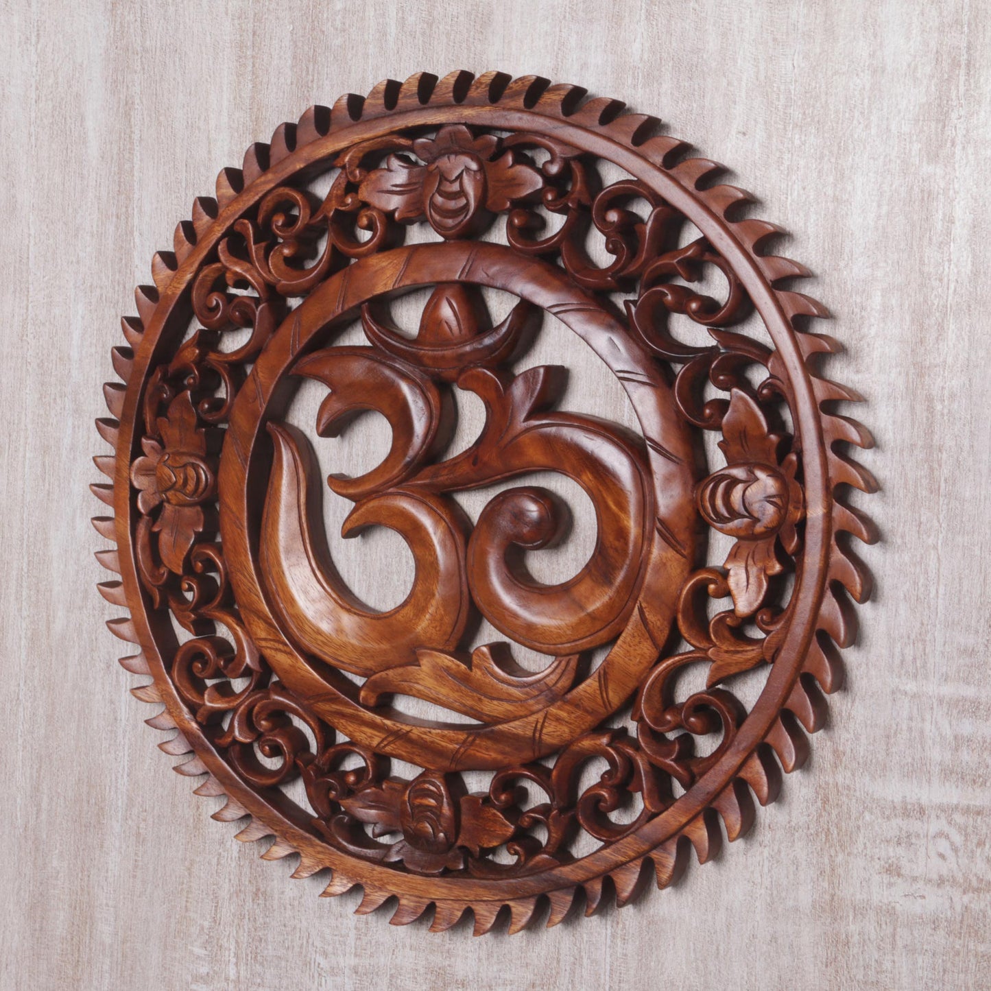 Om Serenity Hand Carved Om Motif Wood Wall Relief Panel from Bali