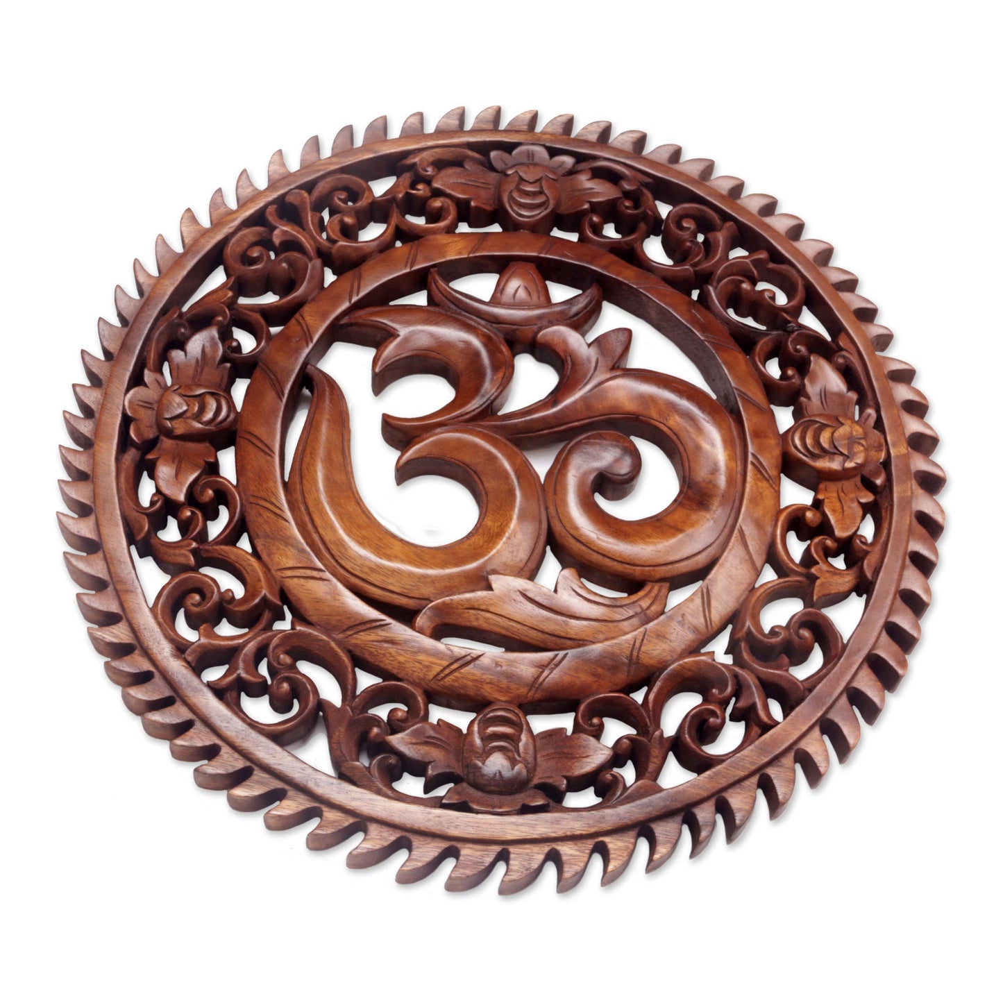 Om Serenity Hand Carved Om Motif Wood Wall Relief Panel from Bali