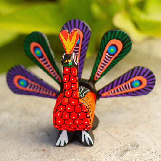 Colorful Peacock Hand-Painted Alebrije Wood Peacock Sculpture from Mexico