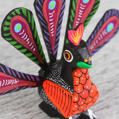 Colorful Peacock Hand-Painted Alebrije Wood Peacock Sculpture from Mexico