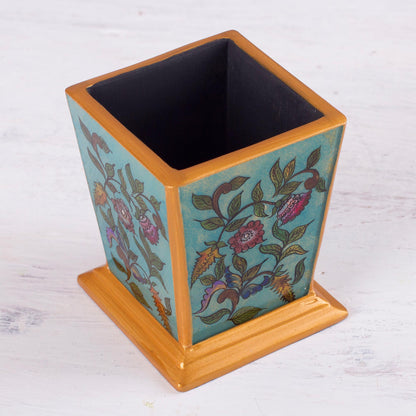 Flowering Companion Handcrafted Reverse-Painted Glass Pencil Holder from Peru