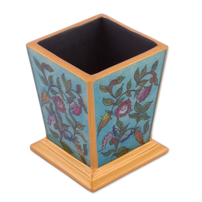 Flowering Companion Handcrafted Reverse-Painted Glass Pencil Holder from Peru