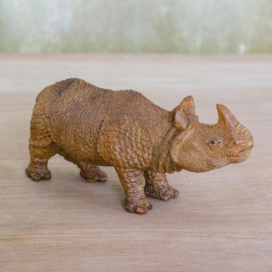 Curious Rhino Hand-Carved Raintree Wood Rhinoceros Sculpture