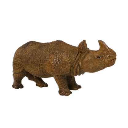 Curious Rhino Hand-Carved Raintree Wood Rhinoceros Sculpture