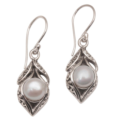 Moonlit Petals Cultured Freshwater Pearl Dangle Earrings from Bali