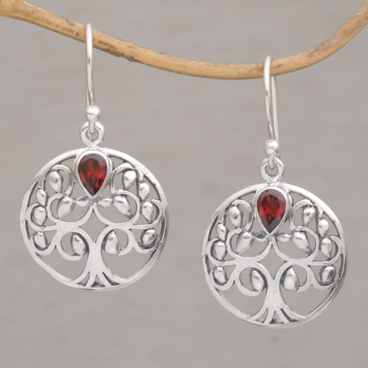 Banyan Beauty Balinese Garnet and Sterling Silver Tree Dangle Earrings