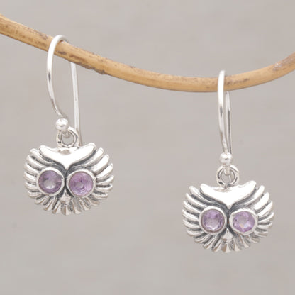 Opulent Owl Amethyst and Sterling Silver Owl Dangle Earrings from Bali