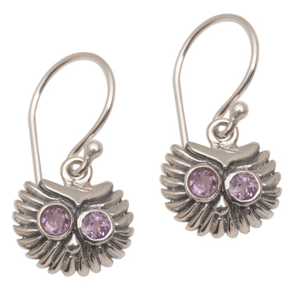 Opulent Owl Amethyst and Sterling Silver Owl Dangle Earrings from Bali