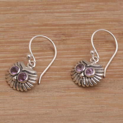 Opulent Owl Amethyst and Sterling Silver Owl Dangle Earrings from Bali