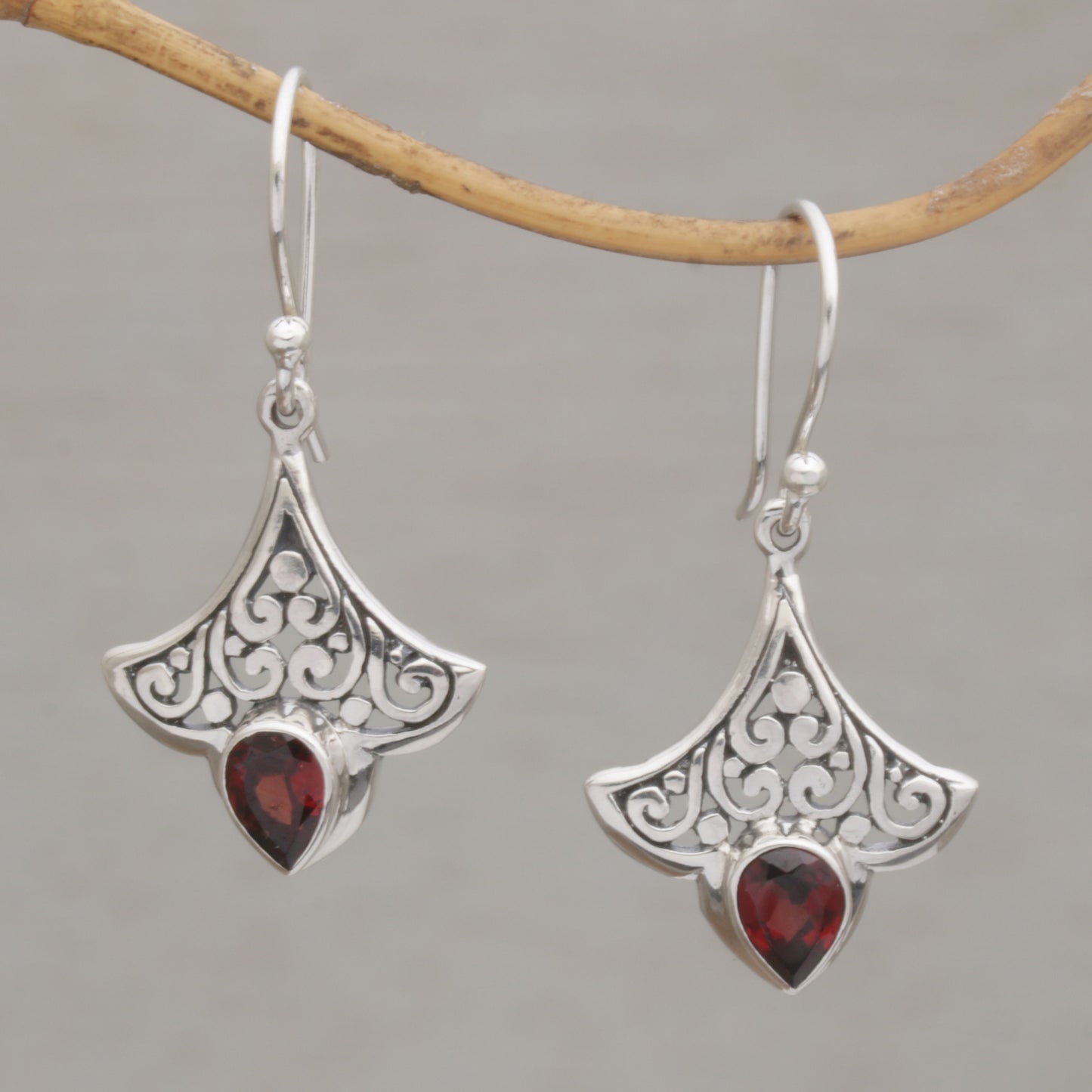 Crimson Crown Balinese Garnet and Sterling Silver Dangle Earrings