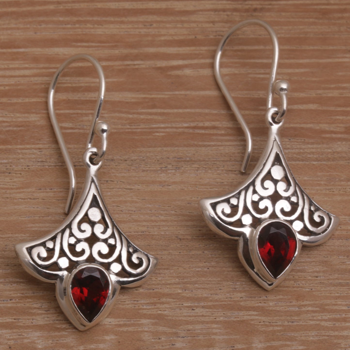 Crimson Crown Balinese Garnet and Sterling Silver Dangle Earrings