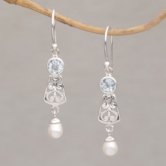 Gracious Offering Hook Earrings with Blue Topaz and Cultured Pearl