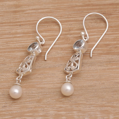 Gracious Offering Hook Earrings with Blue Topaz and Cultured Pearl