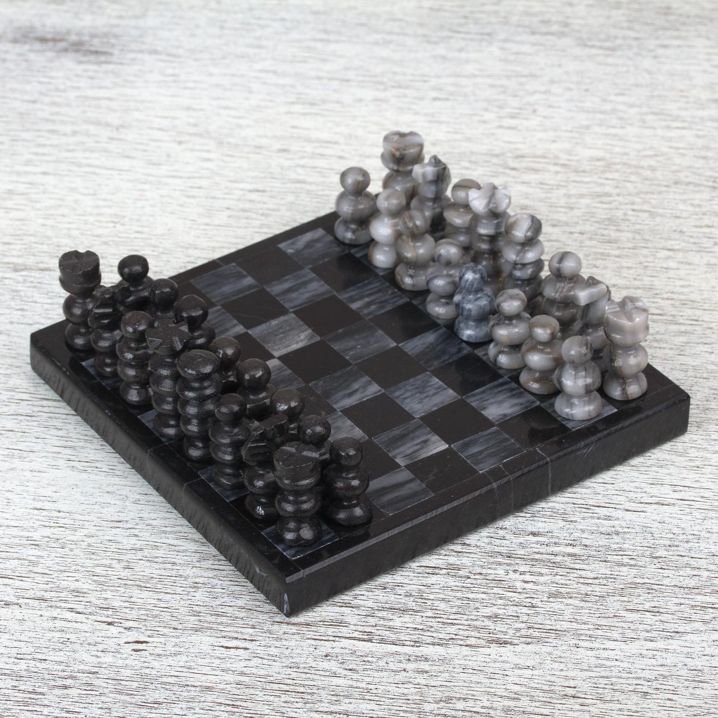 Black and Grey Challenge Handcrafted Mini Marble Chess Set in Black and Grey
