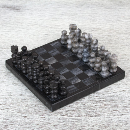 Black and Grey Challenge Handcrafted Mini Marble Chess Set in Black and Grey