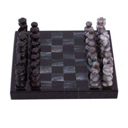 Black and Grey Challenge Handcrafted Mini Marble Chess Set in Black and Grey