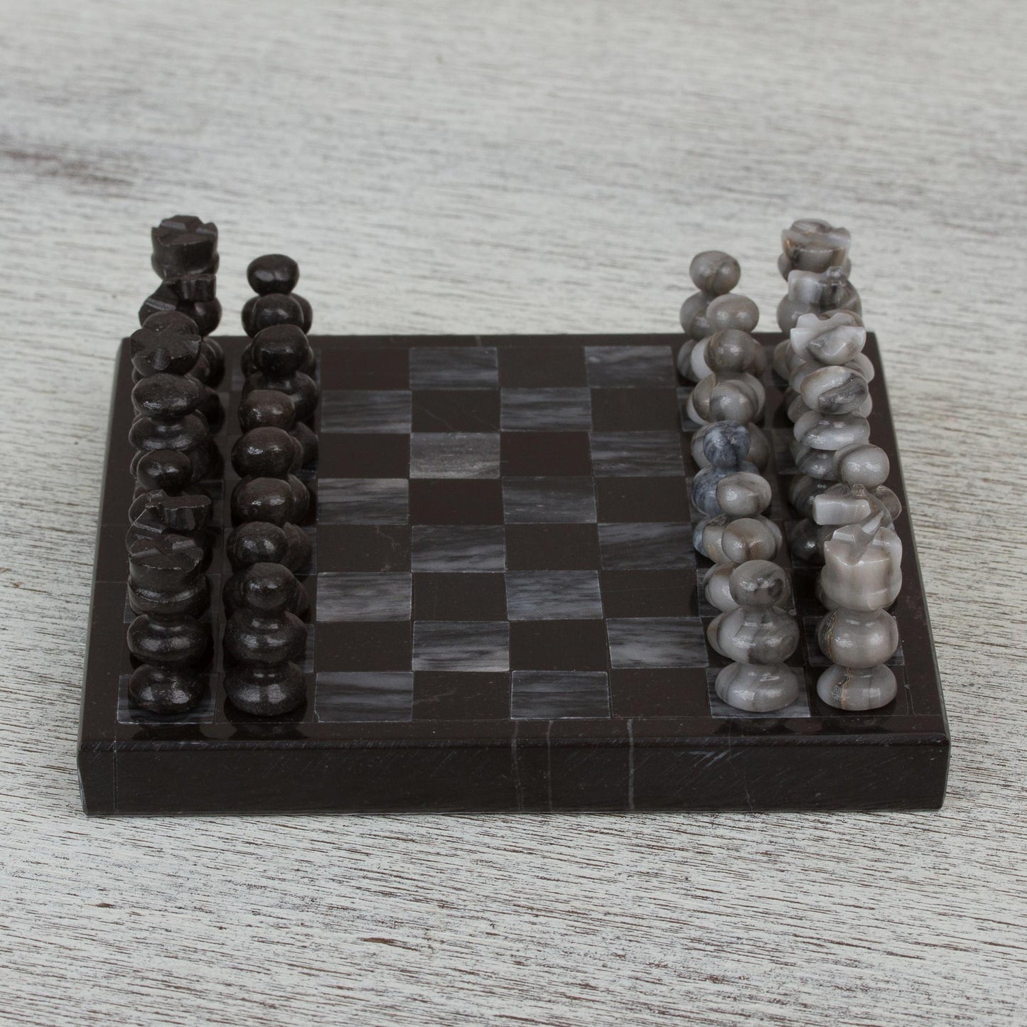 Black and Grey Challenge Handcrafted Mini Marble Chess Set in Black and Grey