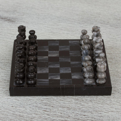 Black and Grey Challenge Handcrafted Mini Marble Chess Set in Black and Grey