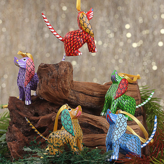 Sweet Puppies Painted Wood Alebrije Dog Ornaments (Set of 5) from Mexico