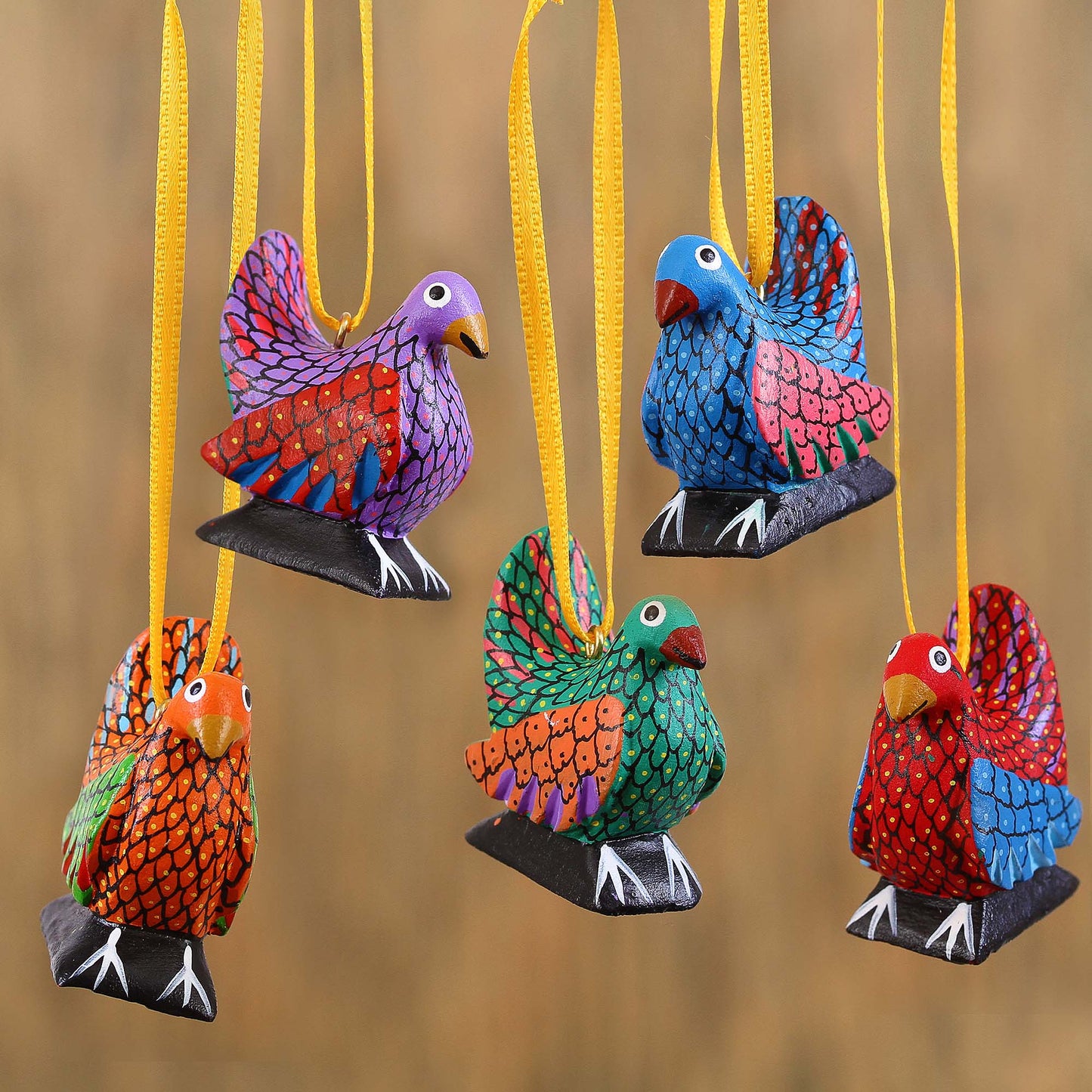 Sweet Chickens Wood Alebrije Chicken Ornaments (Set of 5) from Mexico