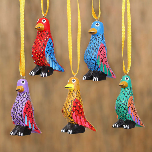 Sweet Penguins Wood Alebrije Penguin Ornaments (Set of 5) from Mexico