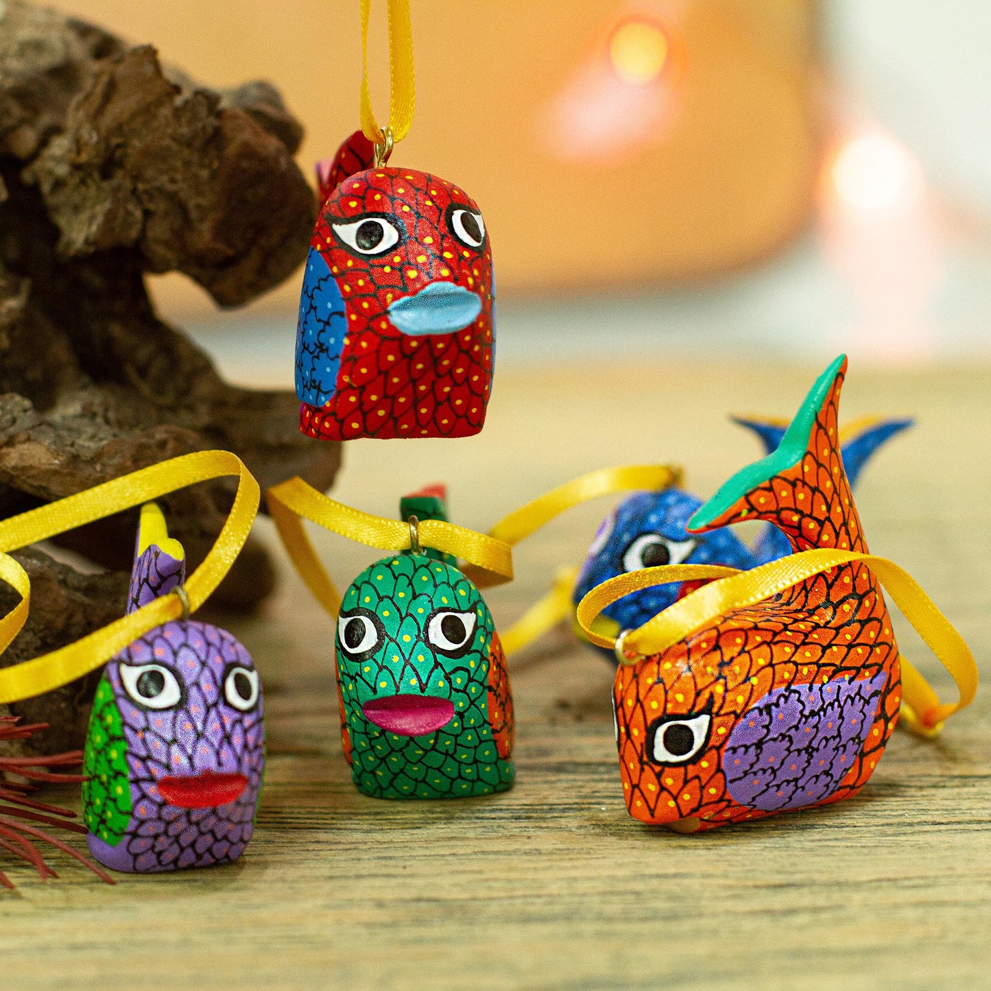 Sweet Whales Painted Wood Alebrije Whale Ornaments (Set of 5) from Mexico