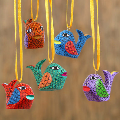Sweet Whales Painted Wood Alebrije Whale Ornaments (Set of 5) from Mexico