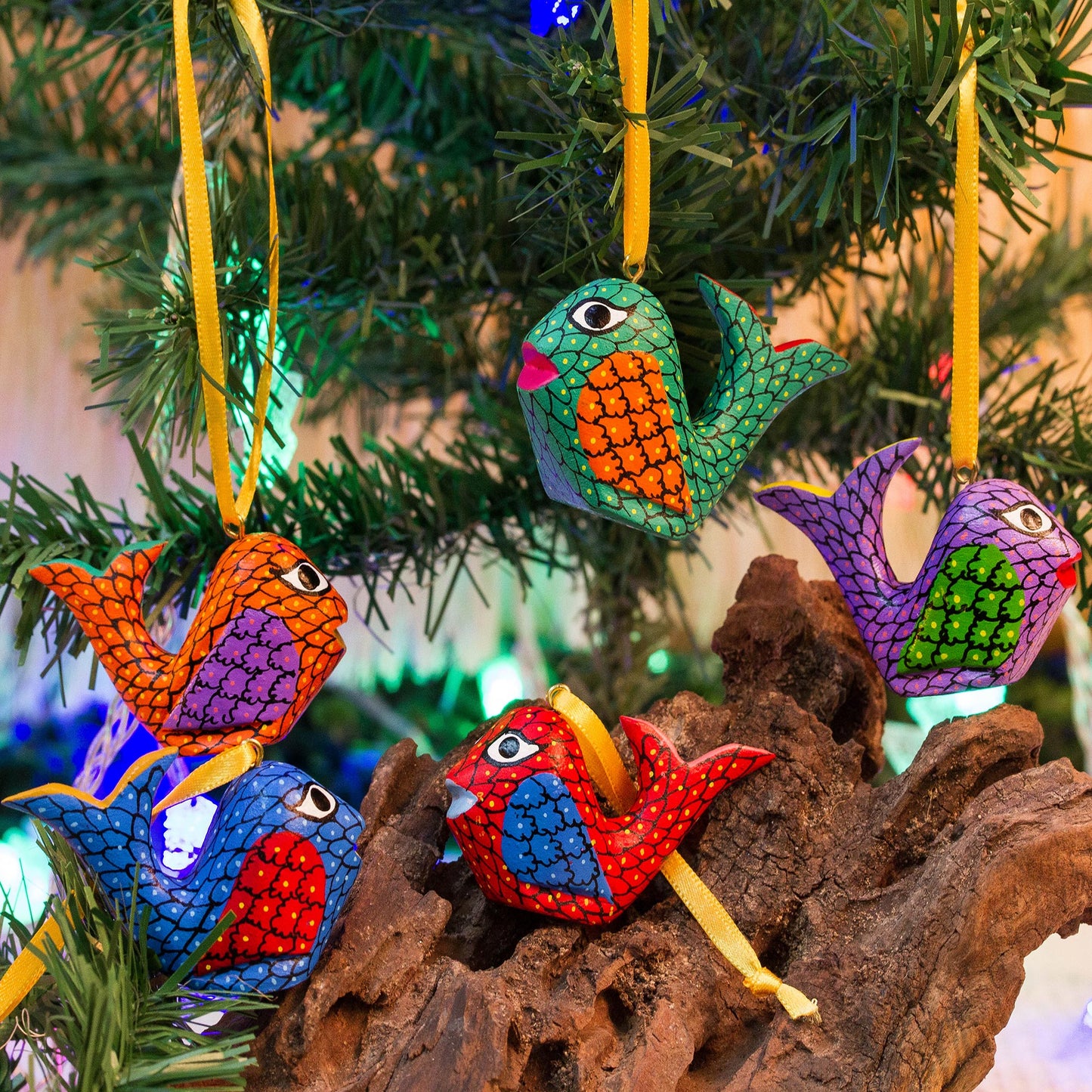 Sweet Whales Painted Wood Alebrije Whale Ornaments (Set of 5) from Mexico