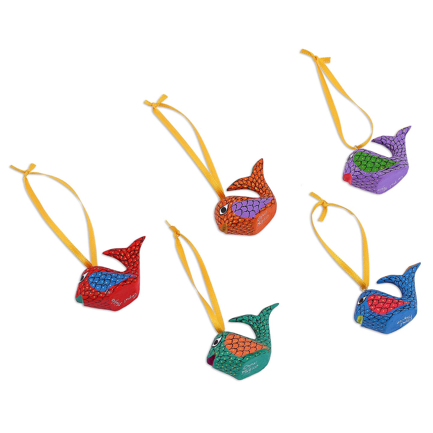 Sweet Whales Painted Wood Alebrije Whale Ornaments (Set of 5) from Mexico