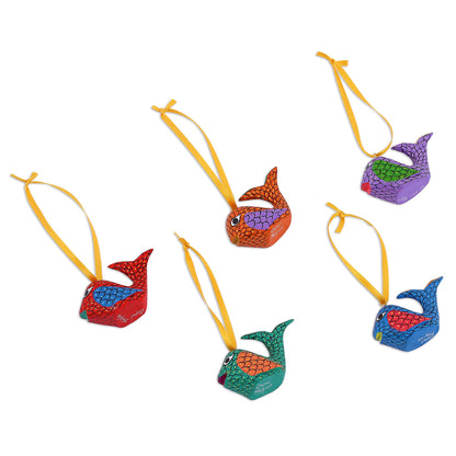 Sweet Whales Painted Wood Alebrije Whale Ornaments (Set of 5) from Mexico