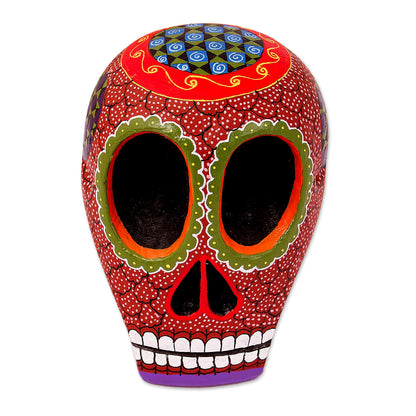 Death and Folklore Mexican Hand Painted Terracotta Hue Wooden Skull Figurine