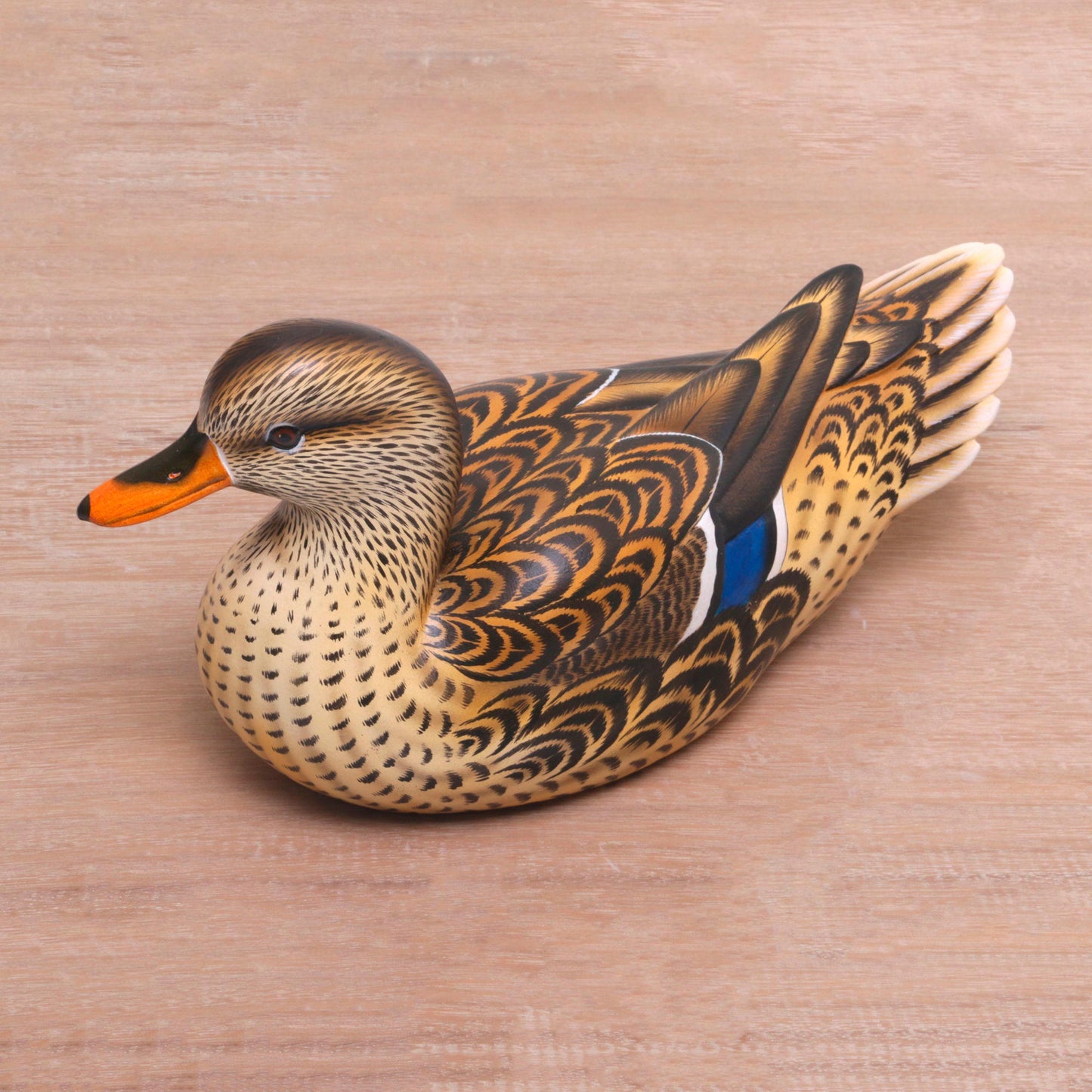 Elegant Mallard Hand Painted Wood Female Mallard Duck Statuette from Bali