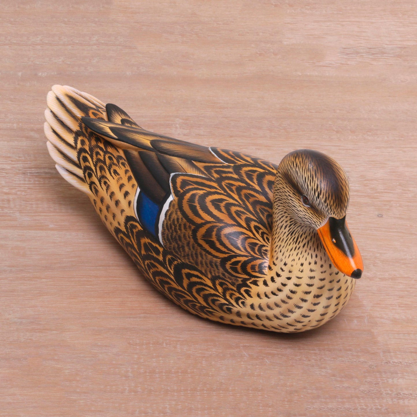 Elegant Mallard Hand Painted Wood Female Mallard Duck Statuette from Bali