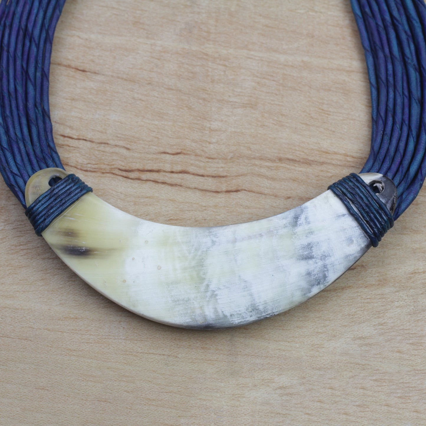 Sida Crescent-Shaped Horn Pendant Necklace with Blue Leather Cord