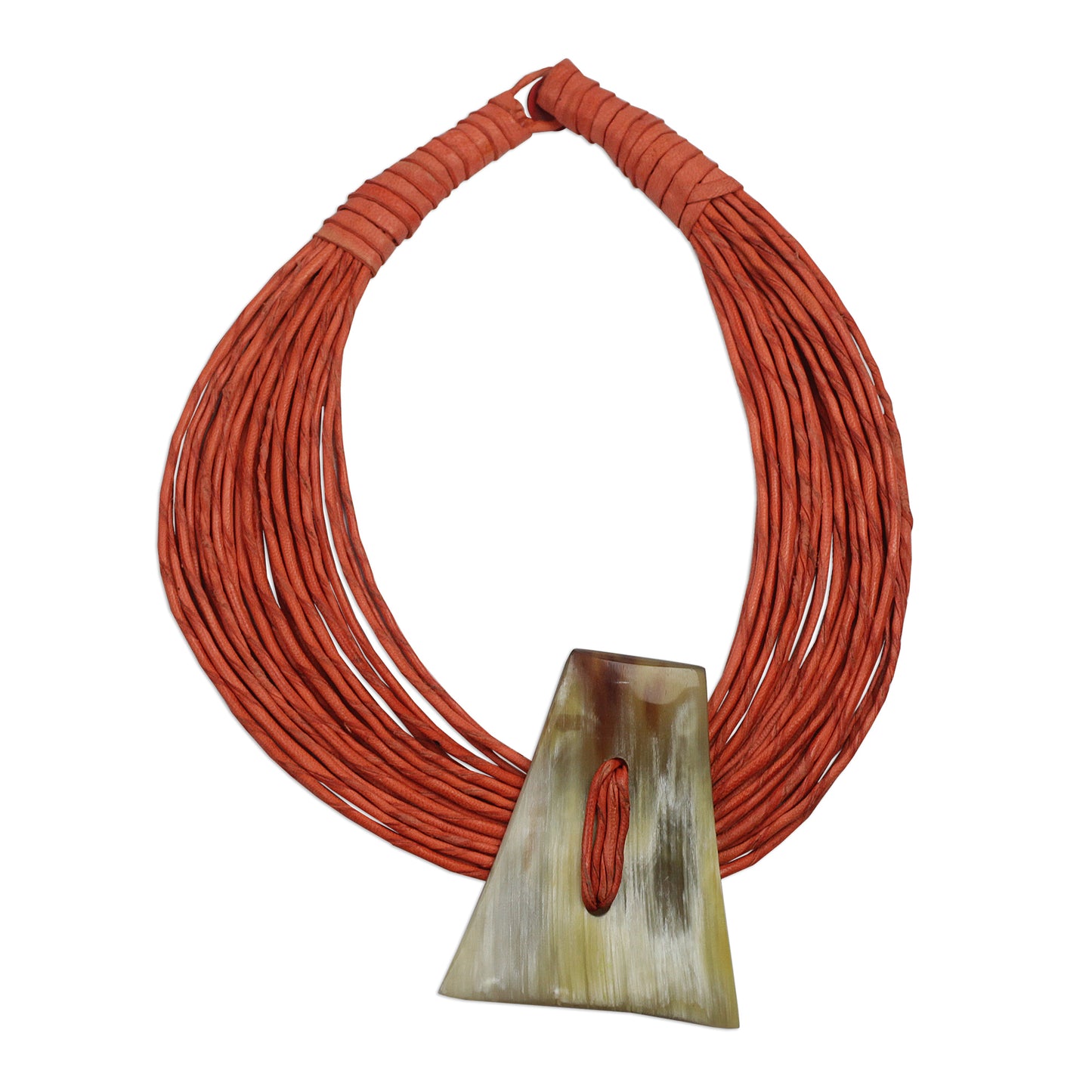 Laami Ghanaian Orange Leather and Bone Statement Cord Necklace