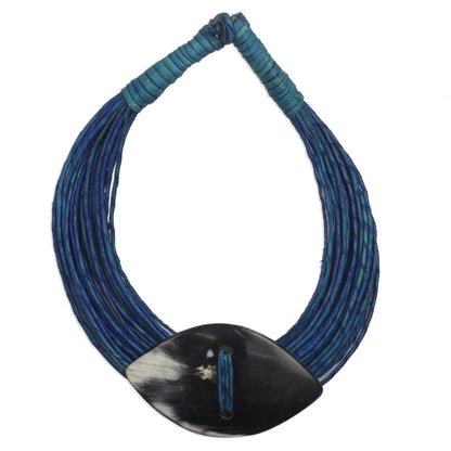 Masongo Ghanaian Blue Leather and Bone Statement Cord Necklace