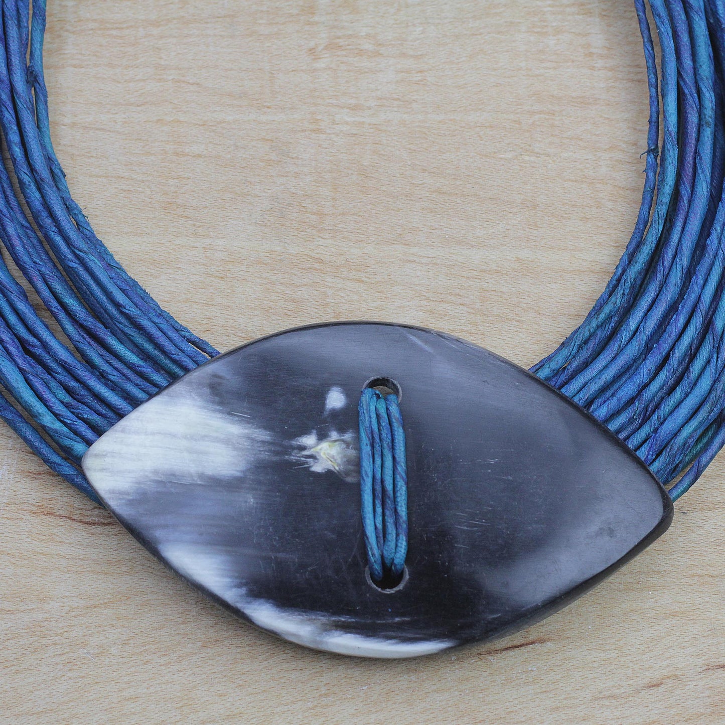 Masongo Ghanaian Blue Leather and Bone Statement Cord Necklace