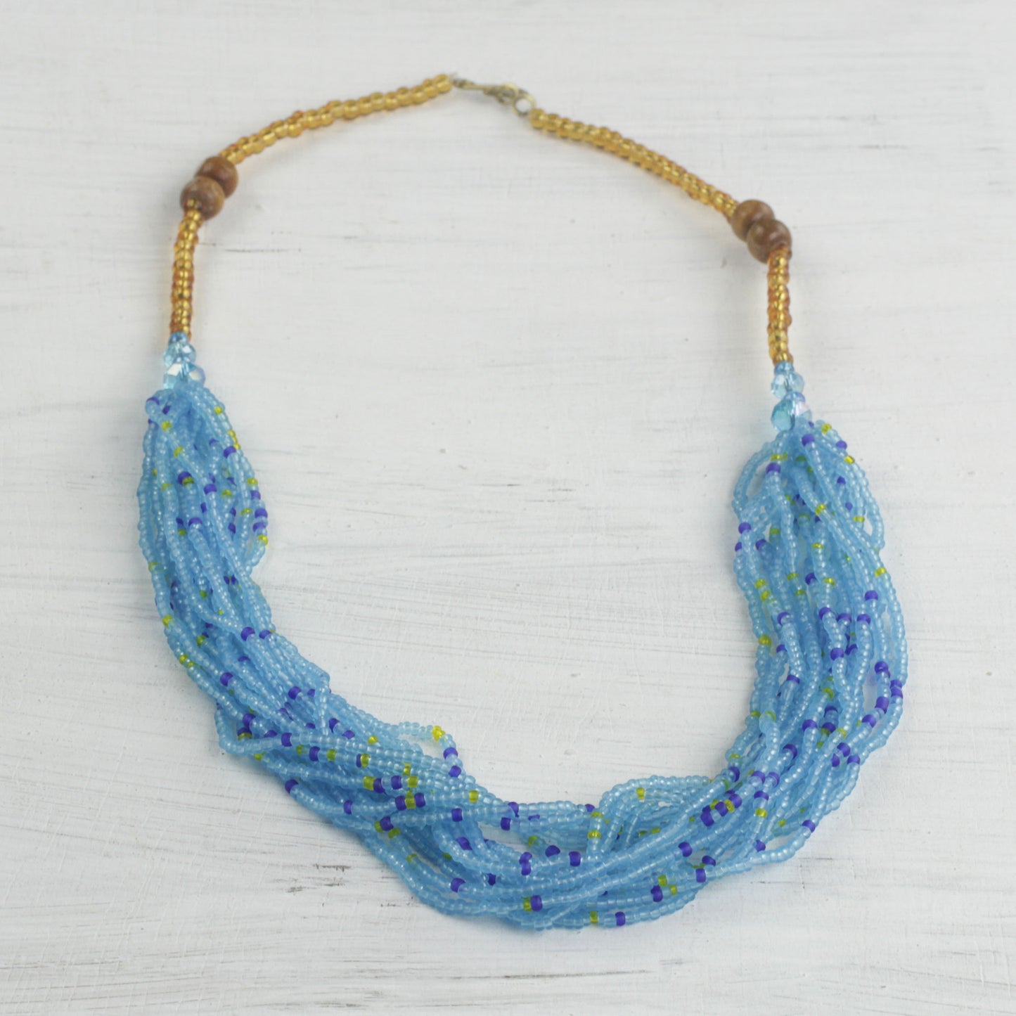 Sprightly Sky Recycled Glass Beaded Necklace in Sky Blue from Ghana