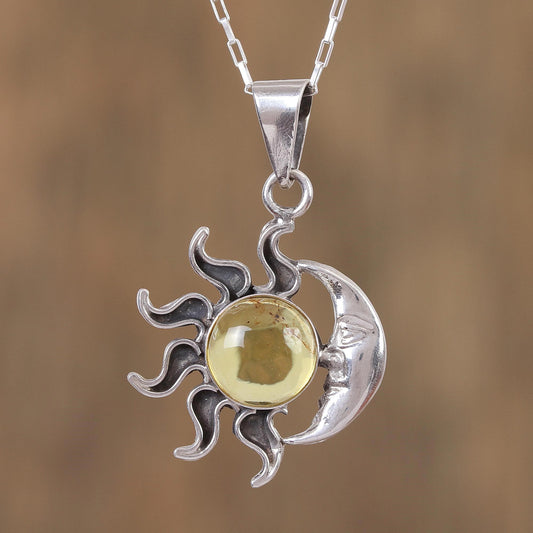 Honey Eclipse Sun and Moon Amber Pendant Necklace from Mexico