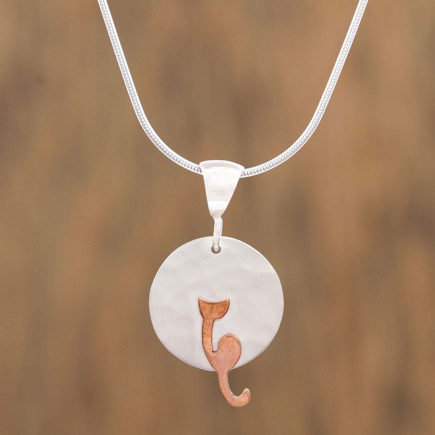 Lunar Cat Sterling Silver and Copper Cat Pendant Necklace from Mexico